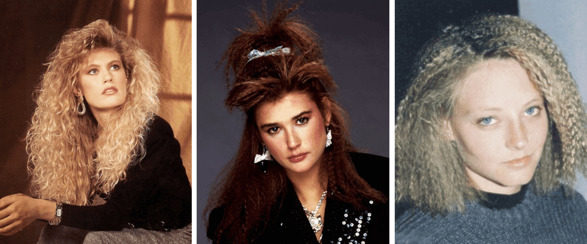 trois coiffures gaufrées des années 80