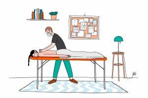 massage à domicile, masseur professionnel porte un masque, massage du dos