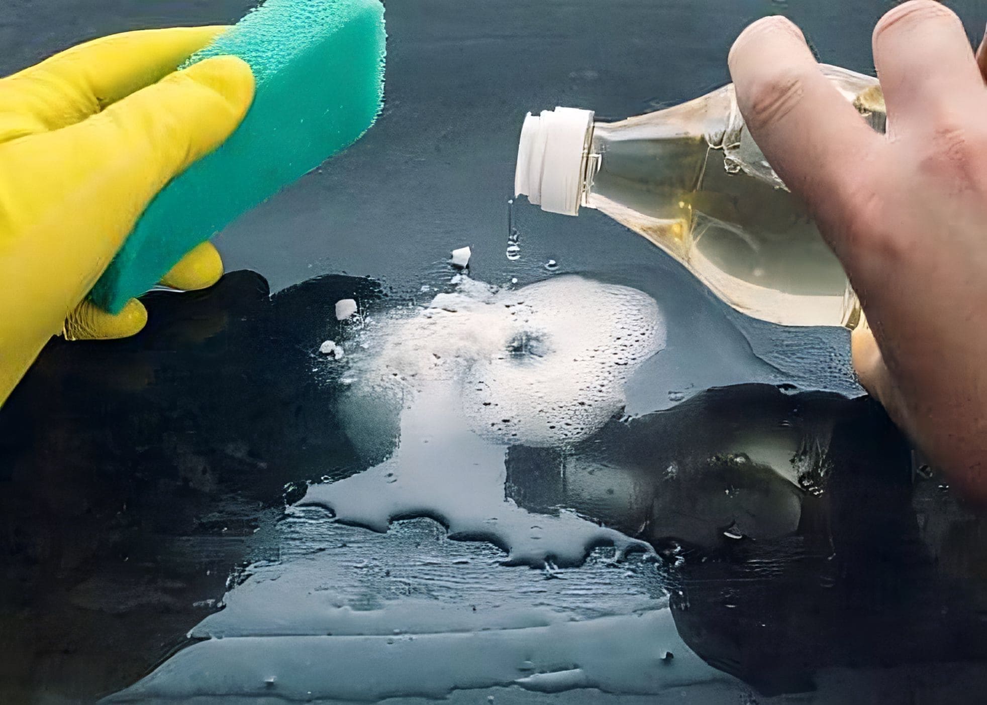 Une aide ménagère à domicile nettoie une surface avec du vinaigre blanc
