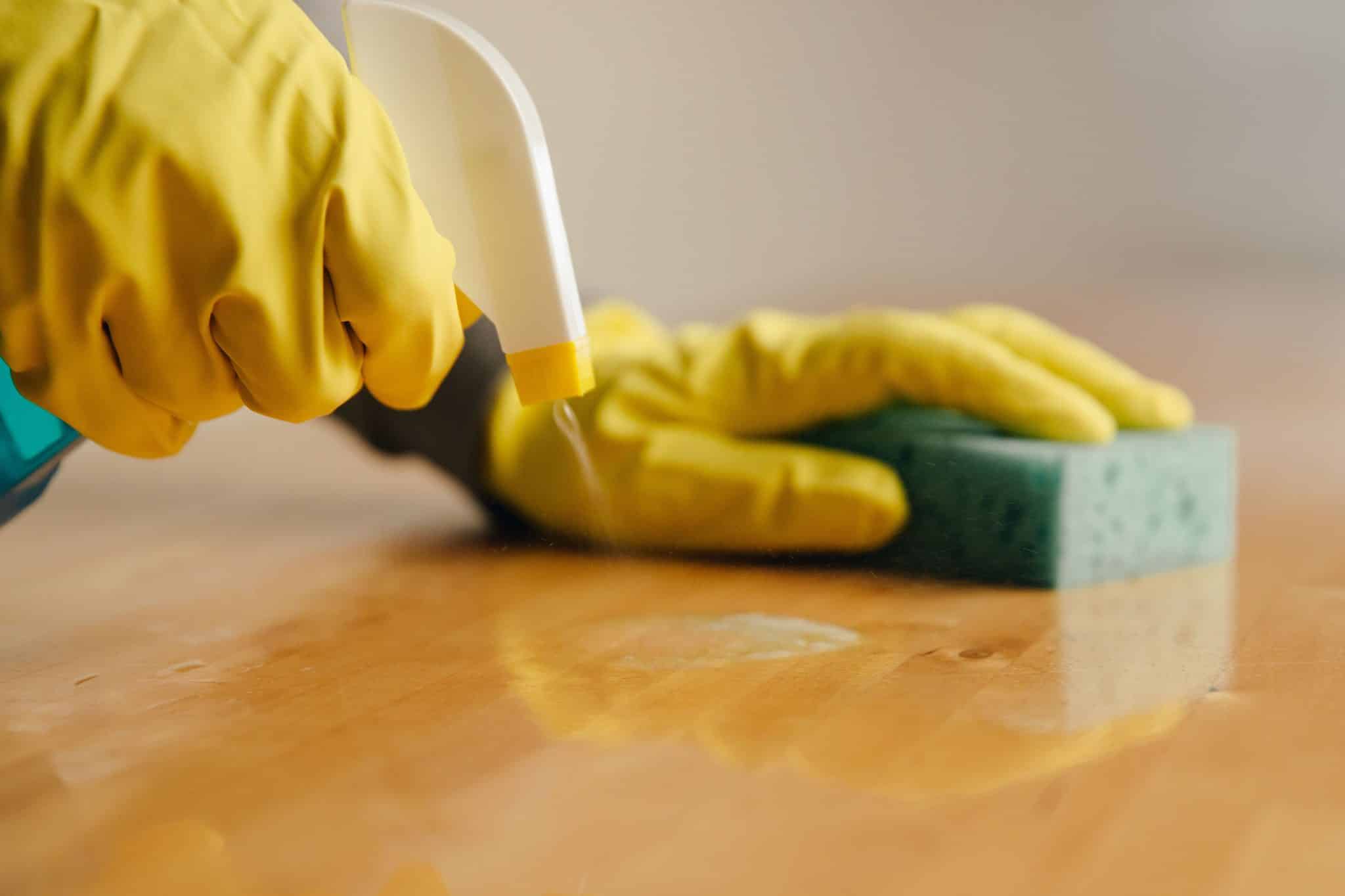 Un spray nettoyant dans la main droite et une éponge dans l'autre pour nettoyer une surface en bois.