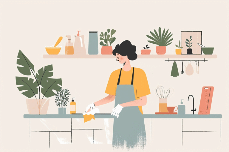 femme de menage nettoie une table avec eponge et savon marseille