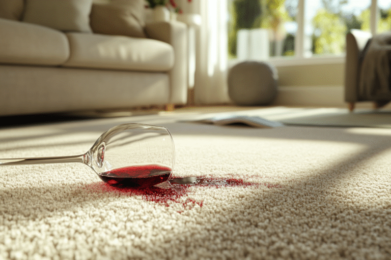 un verre de vin rouge renversé sur un tapis blanc, créant une grosse tache de vin rouge