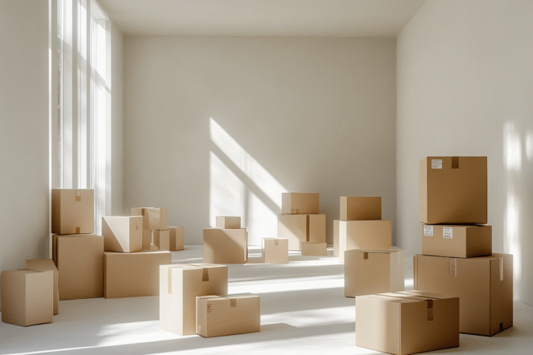 Un chien dans des cartons de déménagement