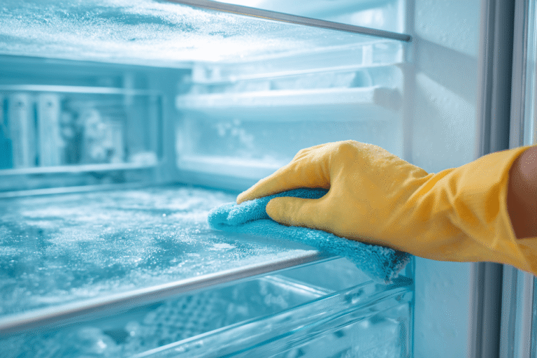 La porte d'un congélateur nettoyé est ouverte