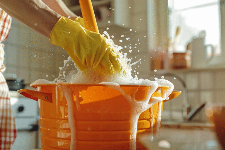 image d Aide-menagere nettoyant le sol de la salle de bain