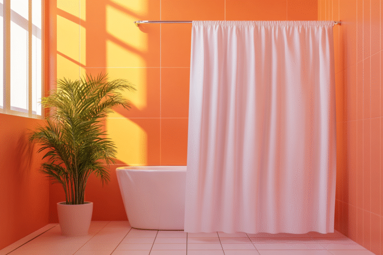 Une tête de douche en cuivre avec un rideau de douche blanc