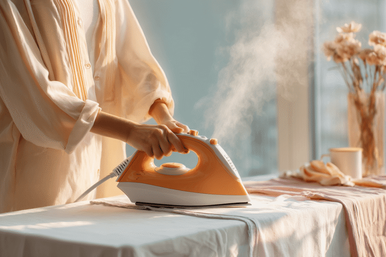 Personne qui repasse un vêtement avec une centrale vapeur