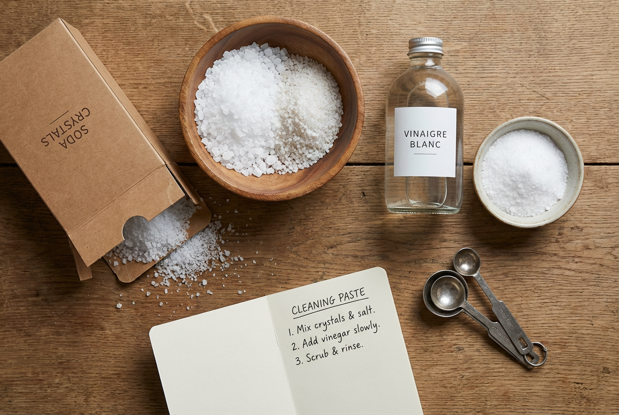 Ingrédients naturels pour ménage écologique : cristaux de soude , bouteille de vinaigre blanc, sel et carnet de recettes efficaces.