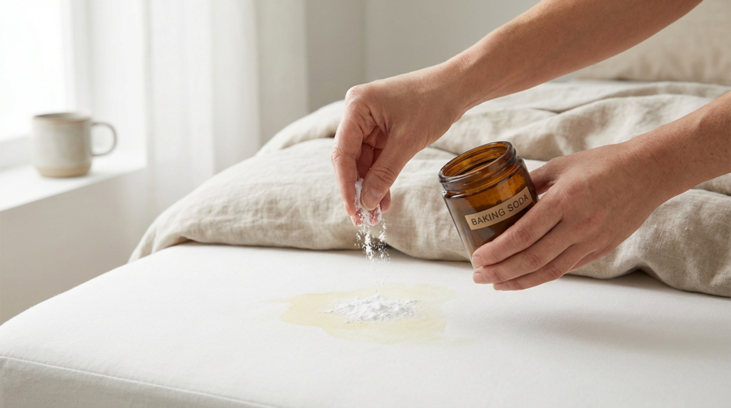Une personne saupoudre du bicarbonate de soude sur un matelas pour éliminer une tache.