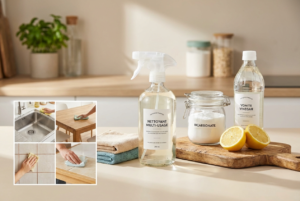 Un kit de nettoyage naturel composé d'un spray multi-usage, de bicarbonate, de vinaigre et de citron.