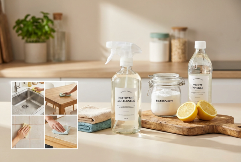 Un kit de nettoyage naturel composé d'un spray multi-usage, de bicarbonate, de vinaigre et de citron.