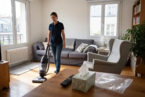 Aide-ménagère passant l'aspirateur dans le salon d'un appartement parisien