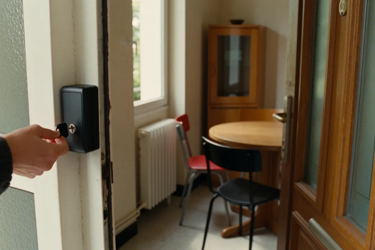 Main déposant une clé dans une boîte à clés fixée près de la porte d'un appartement