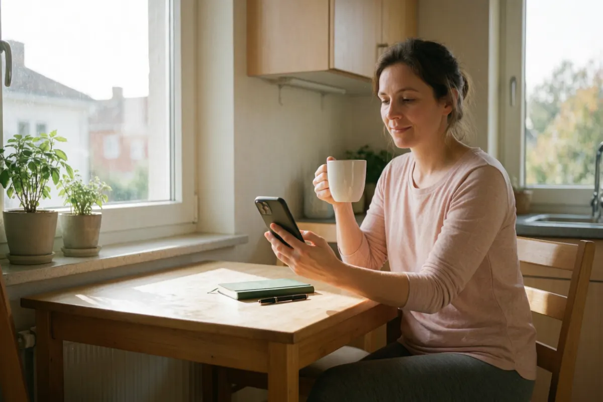 Femme consultant son téléphone à la table de la cuisine, un carnet posé devant elle
