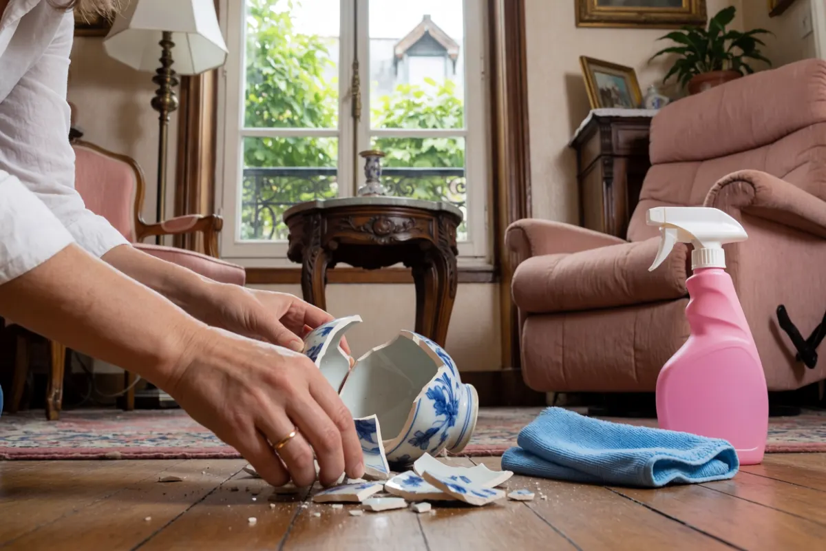 Mains ramassant les morceaux d'un vase en céramique cassé sur un parquet