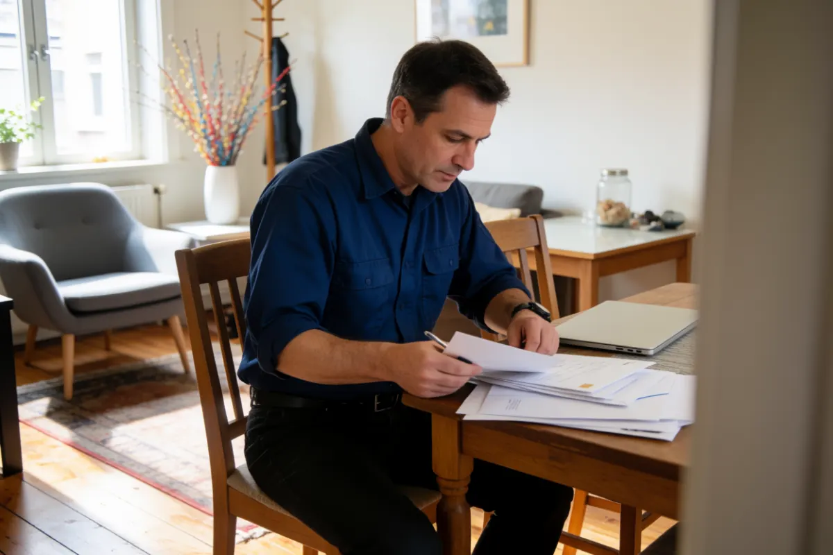 Homme remplissant des papiers administratifs à la table de son salon