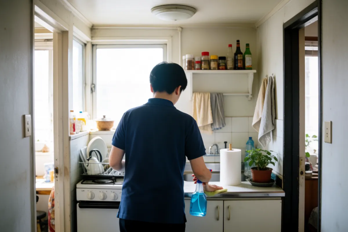 Pro du ménage nettoyant le plan de travail d'une petite cuisine