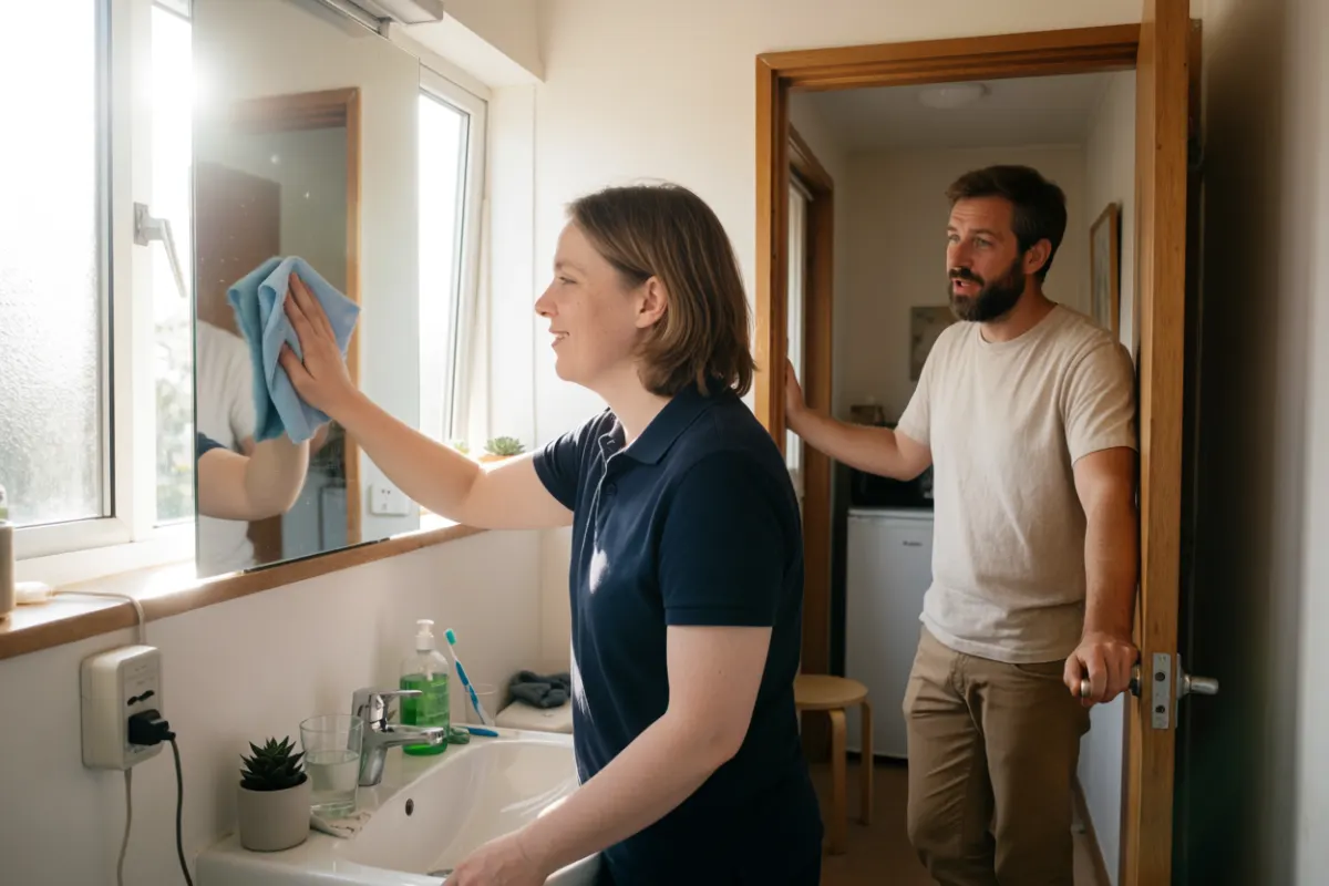 Aide-ménagère nettoyant le miroir de la salle de bain pendant que le client lui parle depuis la porte