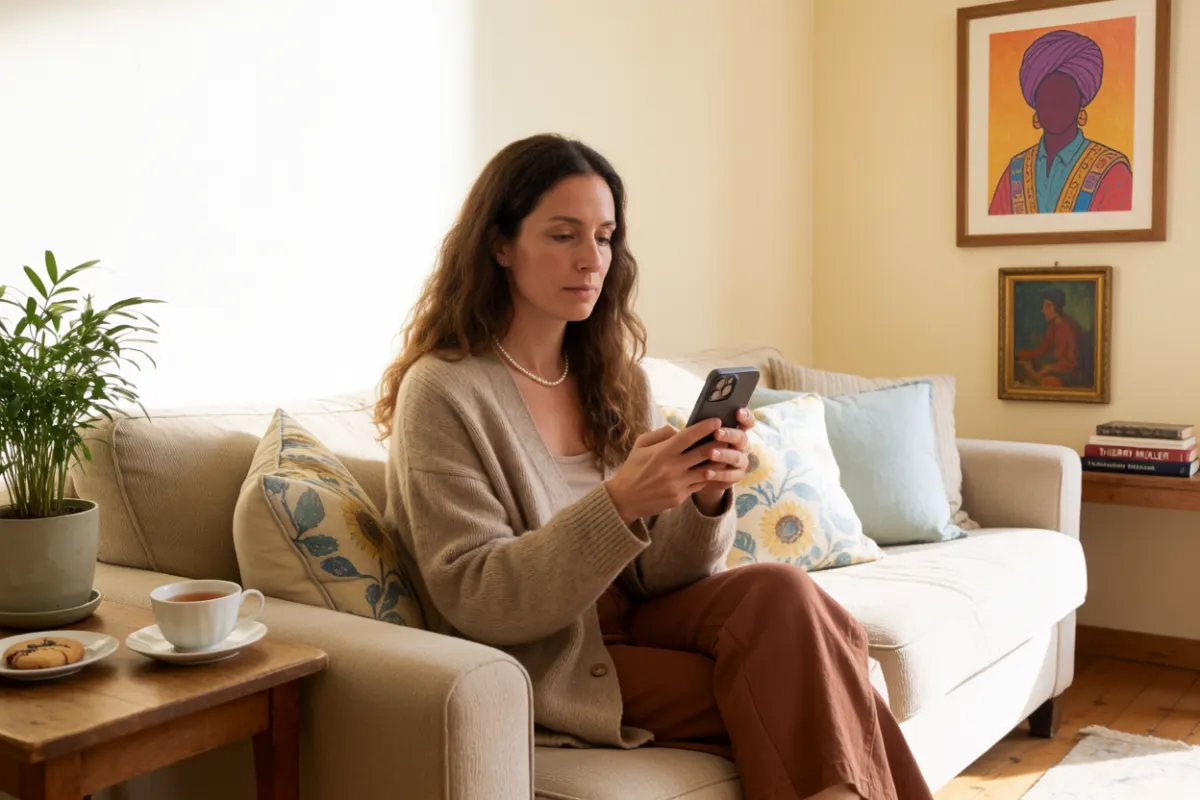 Femme réservant une prestation de ménage sur son téléphone depuis son canapé